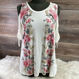 B.L.E.U Peek A Boo Shoulder Floral Top, Gathered Sleeves,Size S,Cream/Pink/Gold
